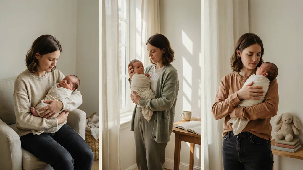 Parent safely holding a newborn in different positions to show learning and bonding.