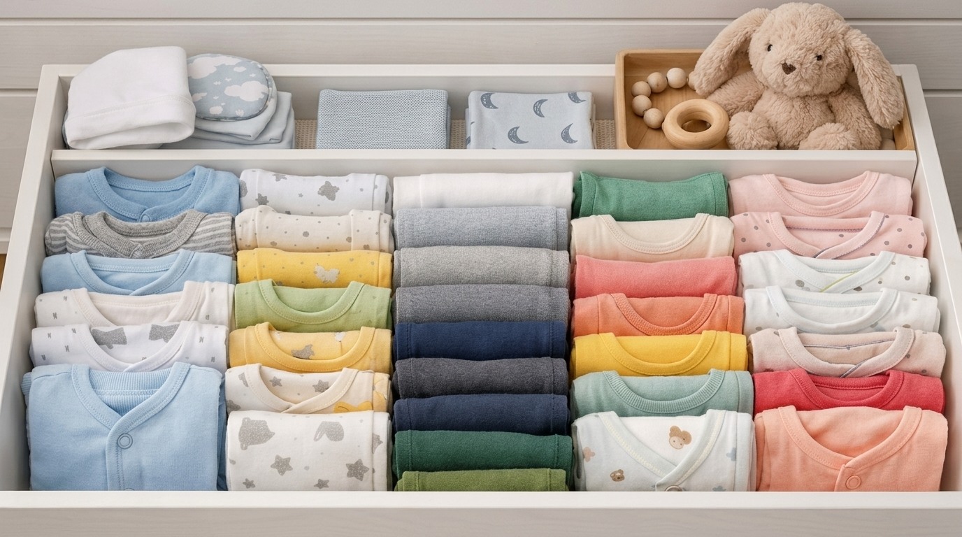 image showing perfectly folded and arranged baby clothes.