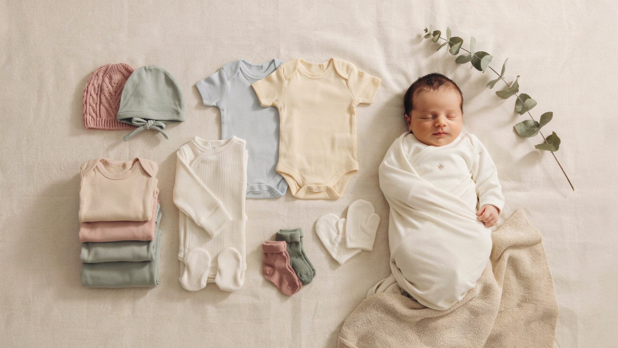 Soft newborn clothing essentials including onesies, sleepsuits, socks, and caps.