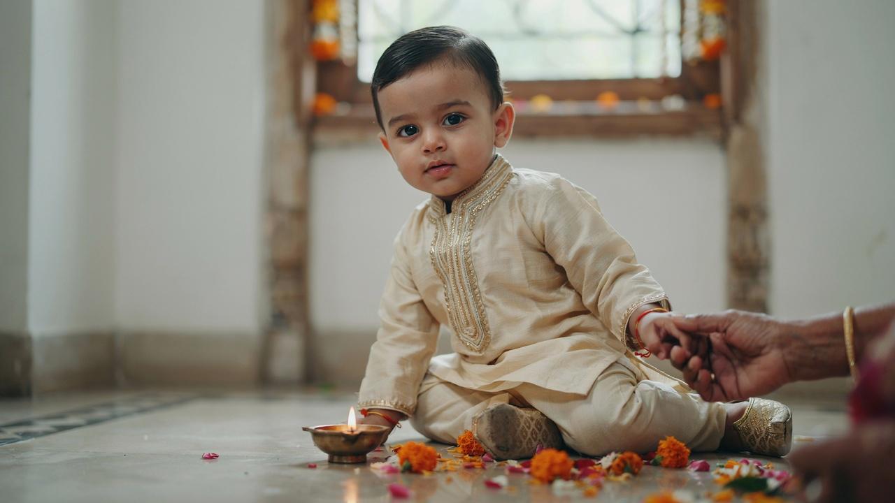 Indian toddler boy with a classic side part hairstyle.