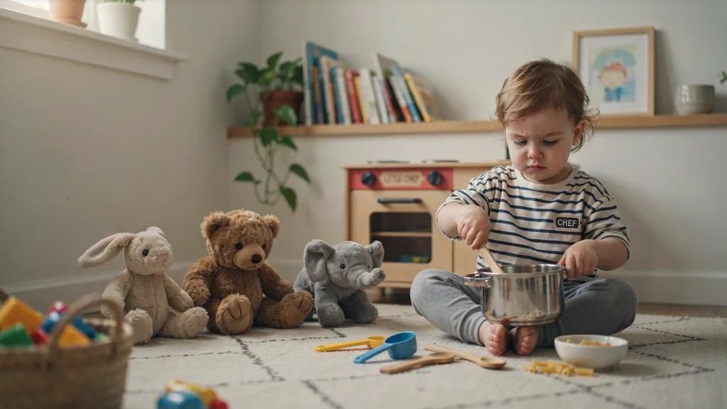 Toddler engaging in pretend play with toy kitchen items.