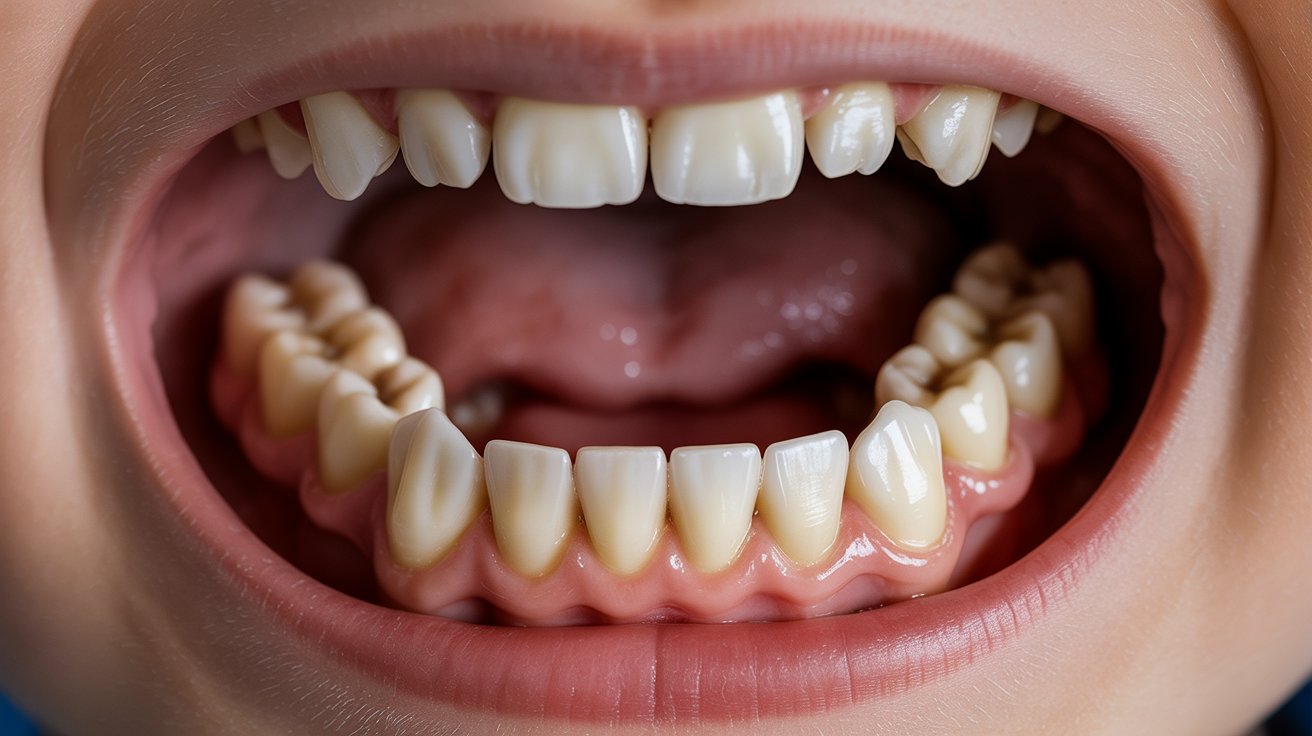Close-up of healthy baby molars at the back of a child's mouth.
