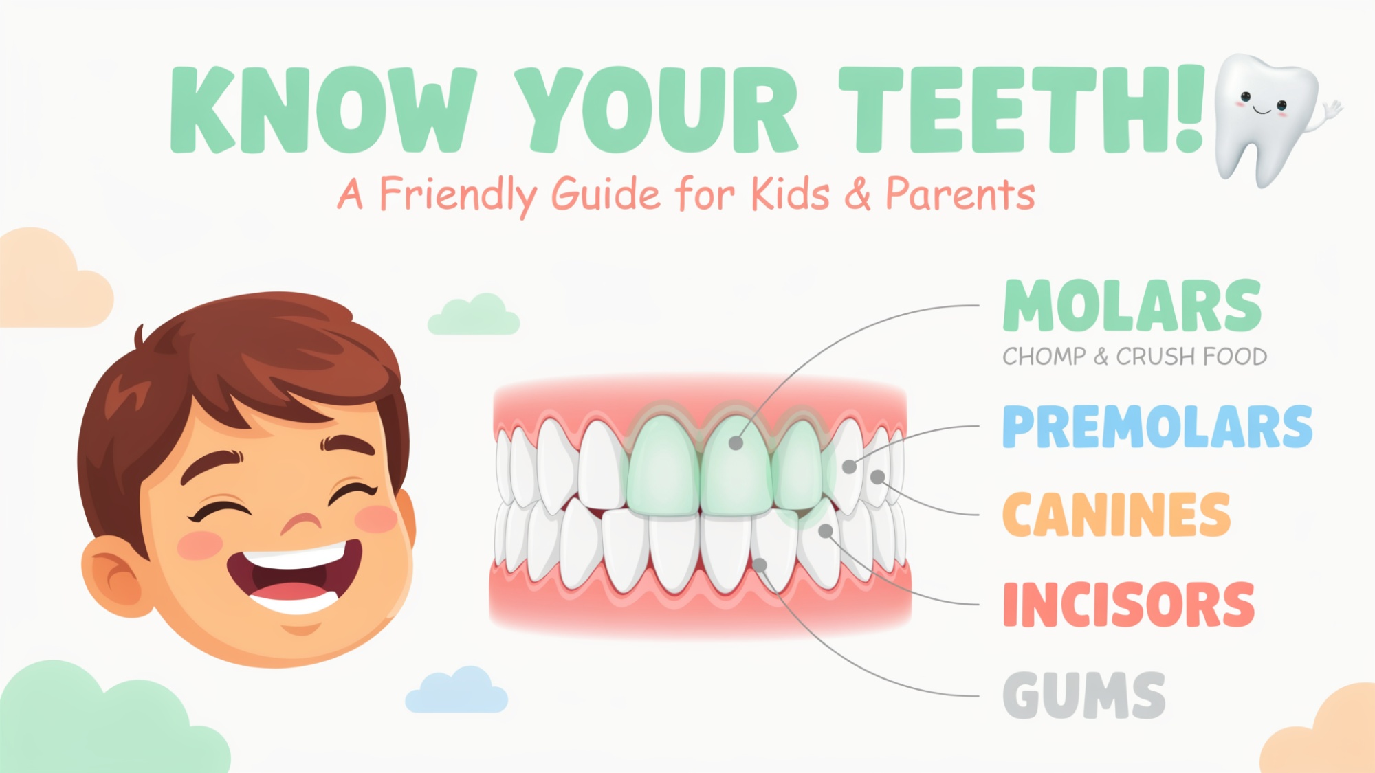 Illustration explaining the role and location of molars in a child’s mouth.