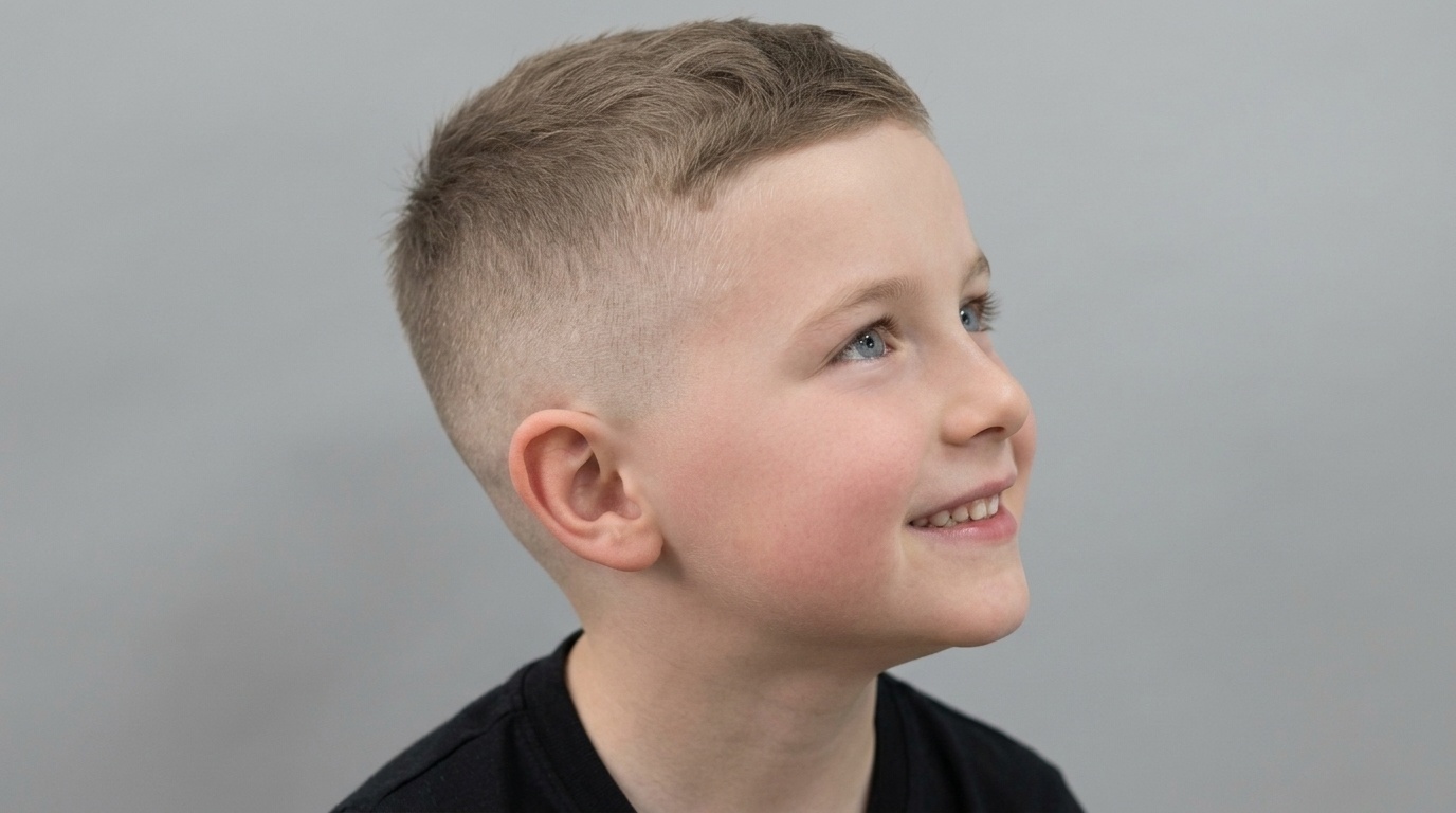 Toddler boy with a flat top haircut.