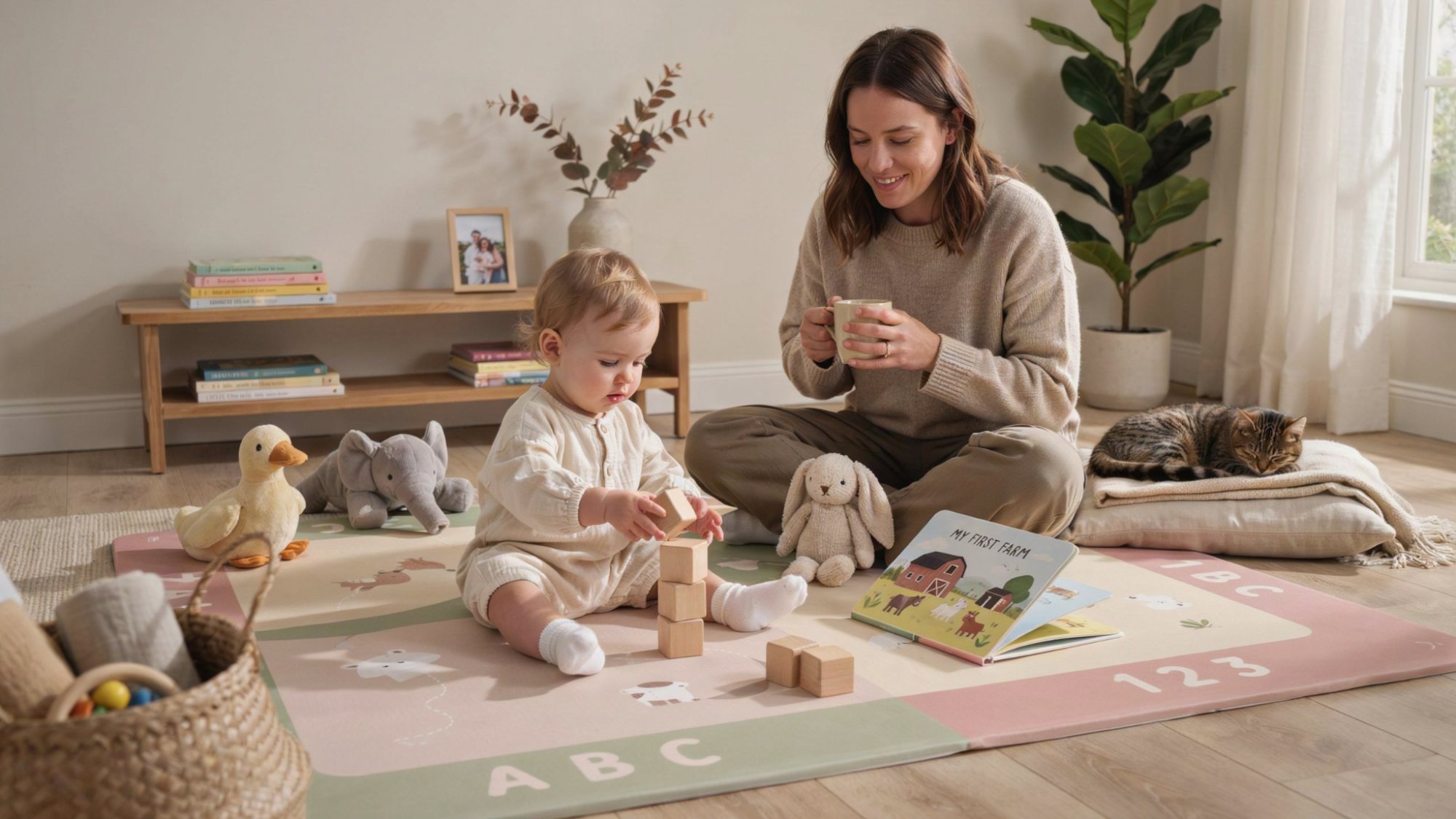 Toddler trying out different learning activities in a safe home environment.