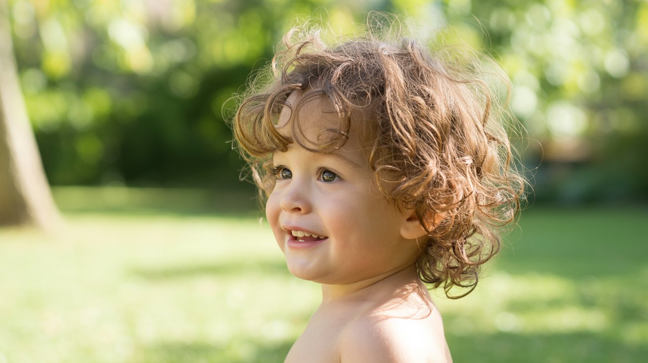 Toddler boy with natural curly hairstyle.