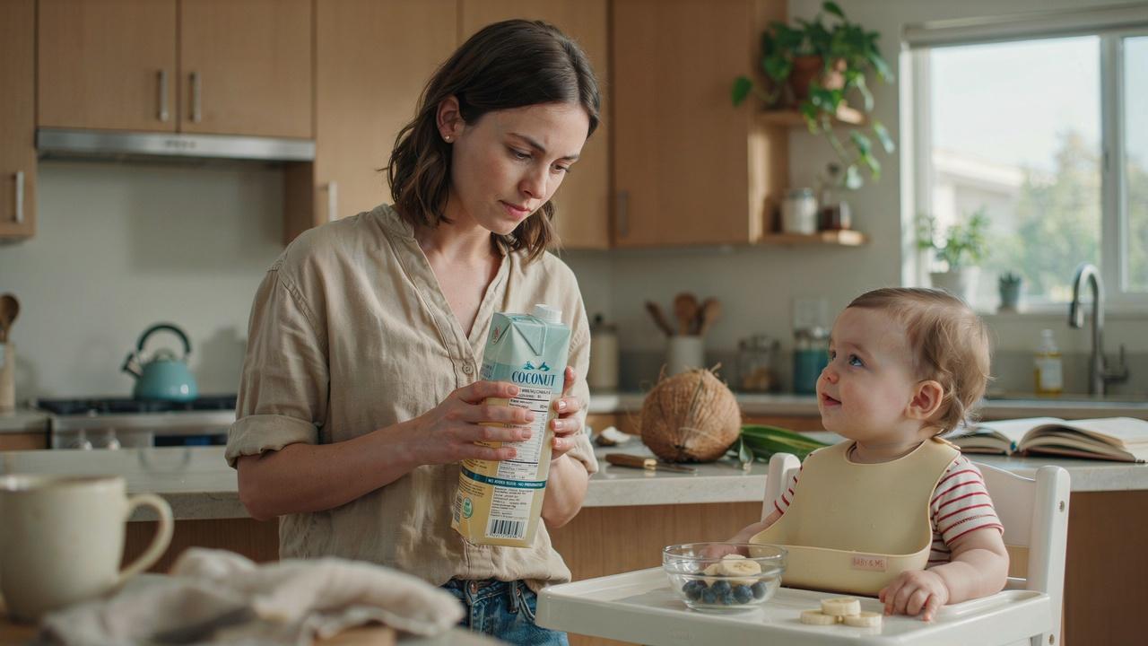 Parent checks coconut water label carefully before serving while baby waits safely in a high chair.