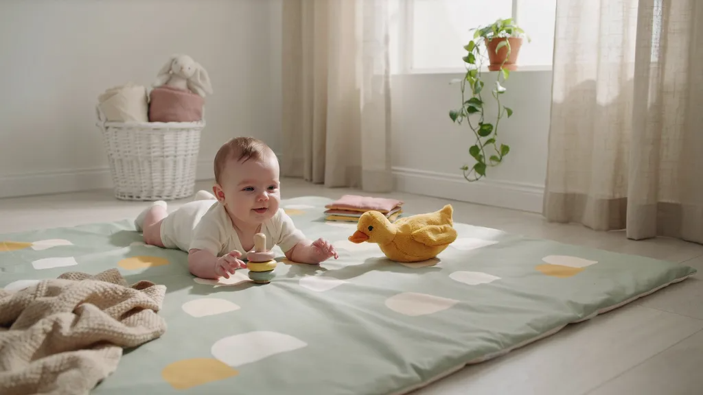 Baby lying on a play mat with toys, highlighting early developmental concerns in grabbing and reaching milestones.