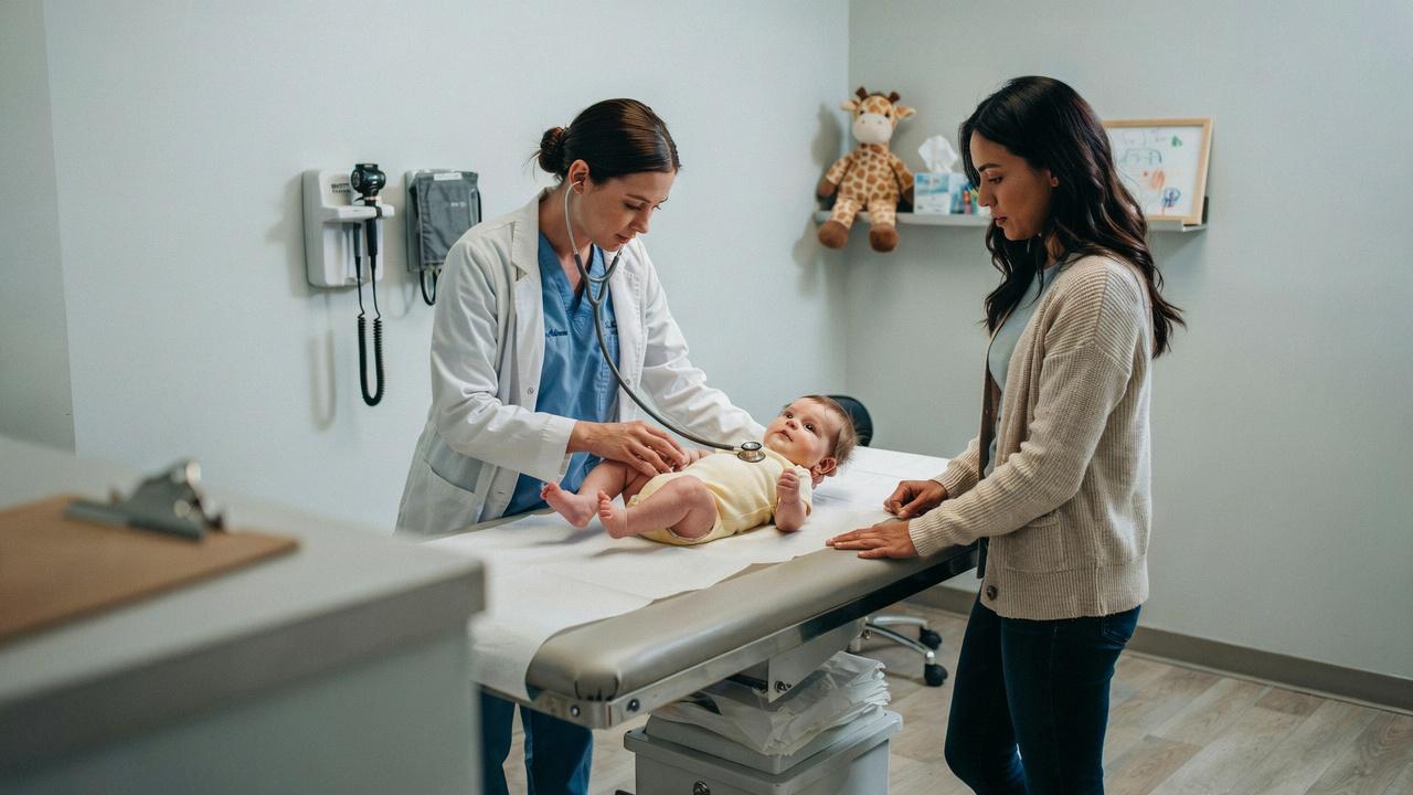 Pediatrician examining a baby during a checkup for breathing concerns