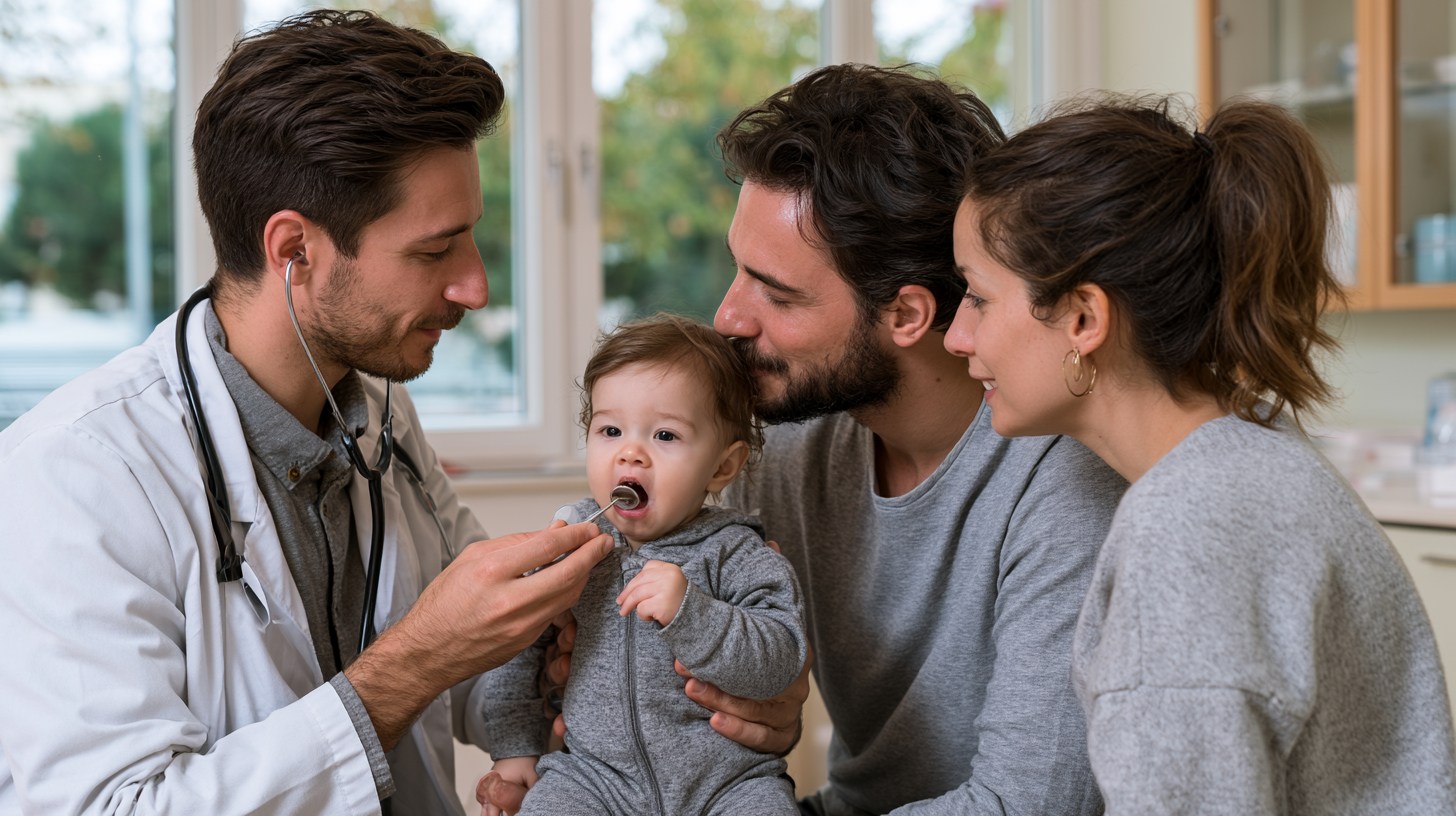 Pediatric dentist diagnosing a natal tooth.