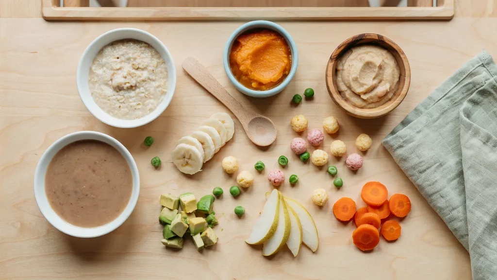 Healthy first finger foods for babies under one, including soft fruits, cooked vegetables, baby puffs, and iron-rich foods.