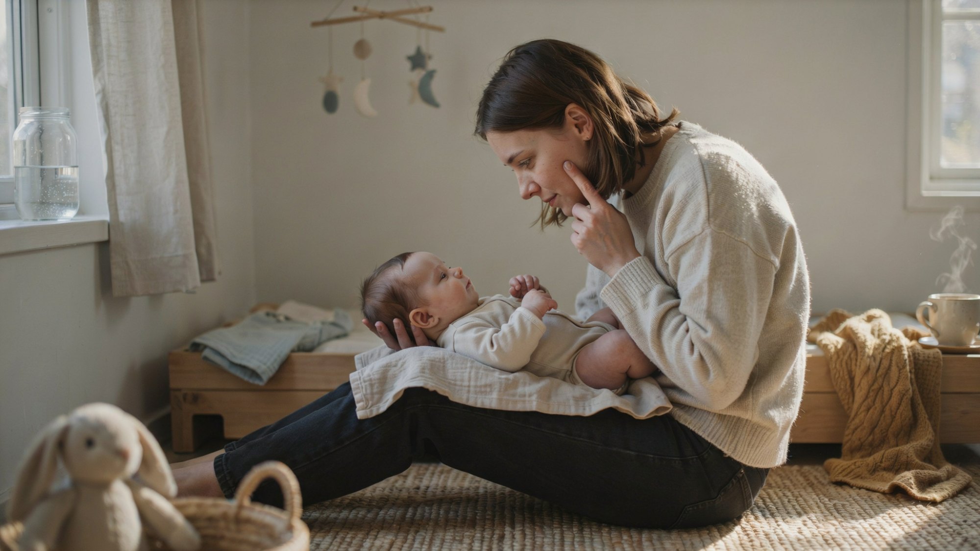 Parent checking baby’s temperature comfort in a calm nursery environment.