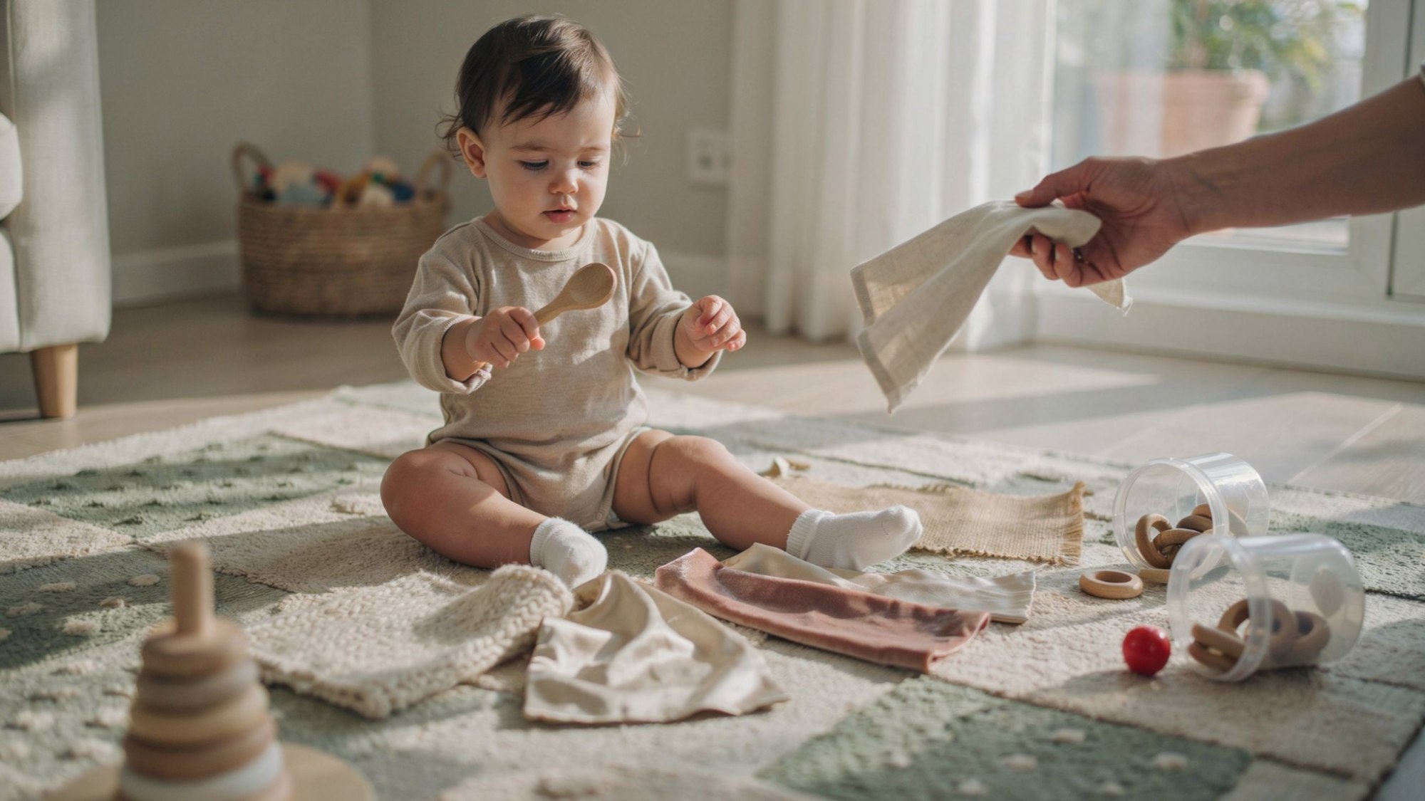 Toddler playing with household items during sensory play.