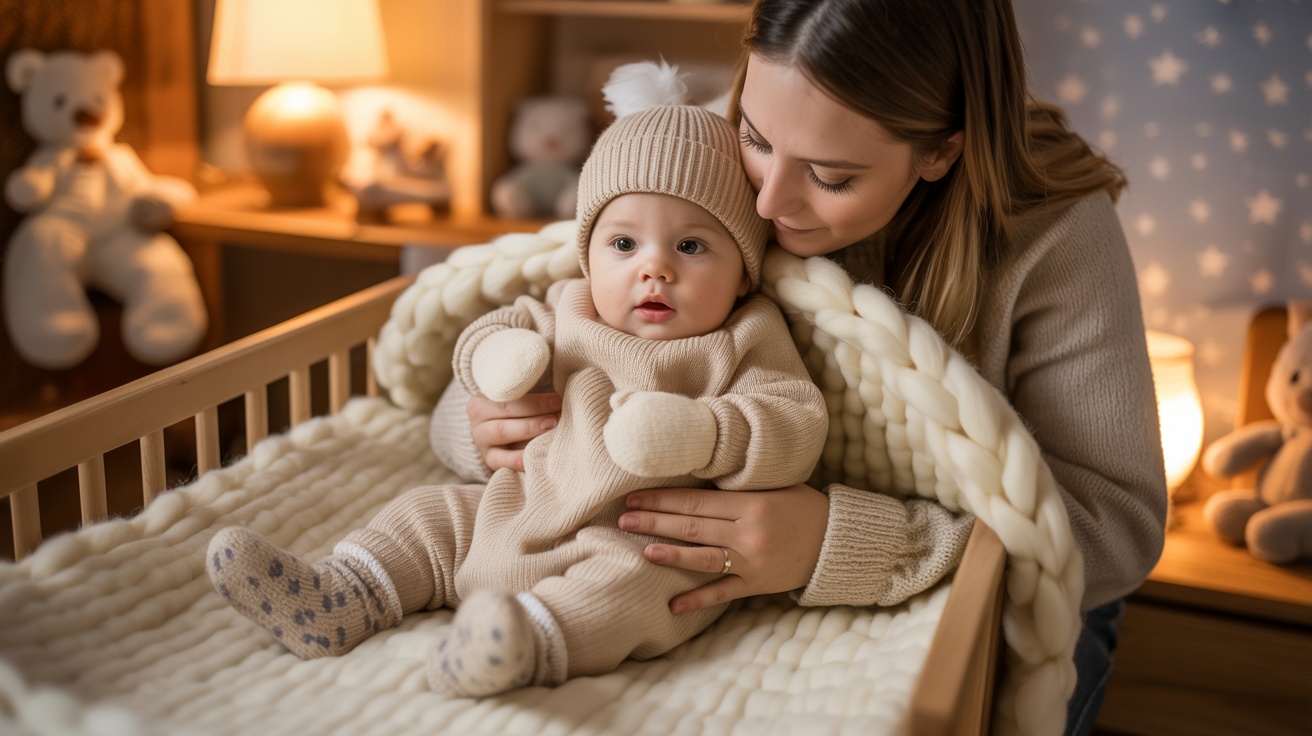Baby dressed in warm layered clothes to stay comfortable in cold weather.