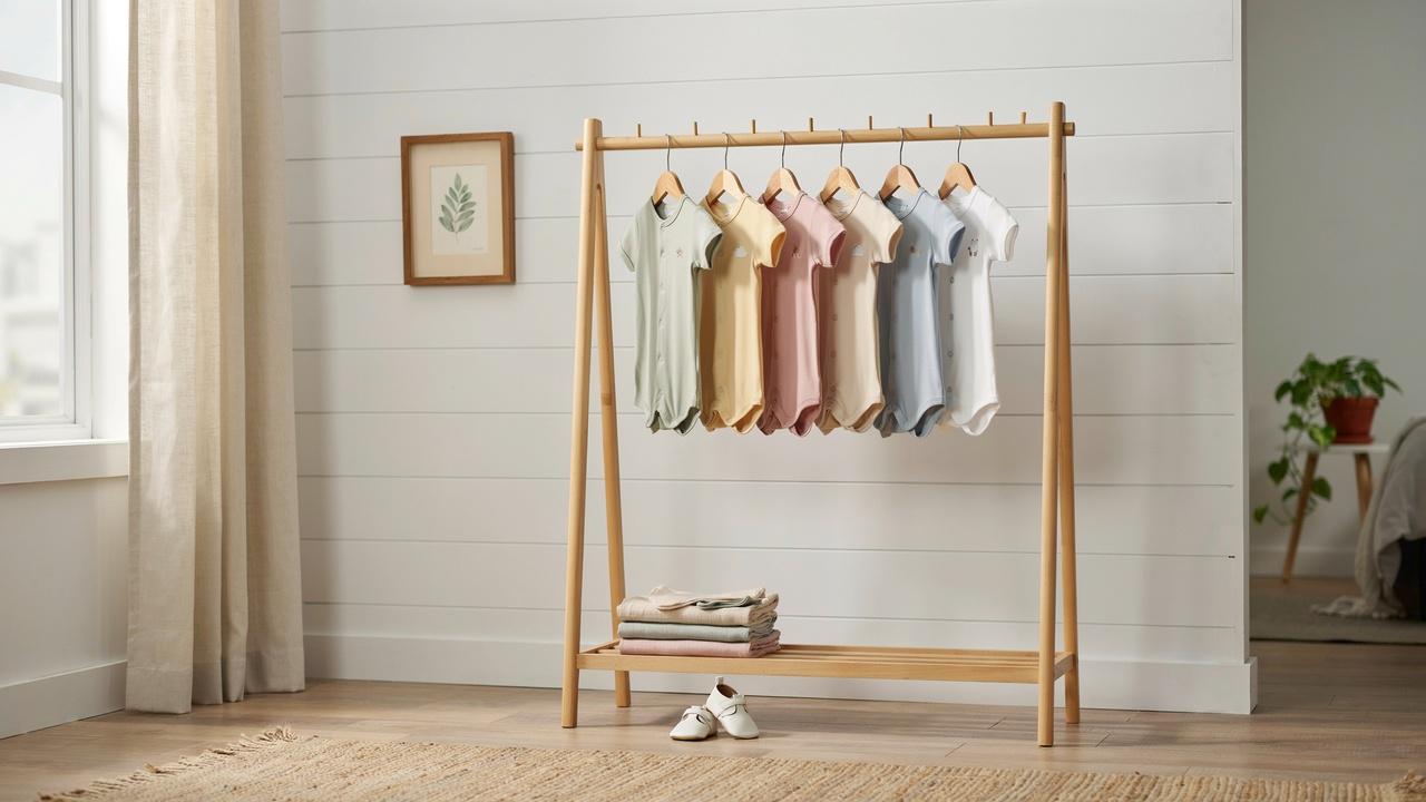 Baby rompers and everyday outfits on hangers.