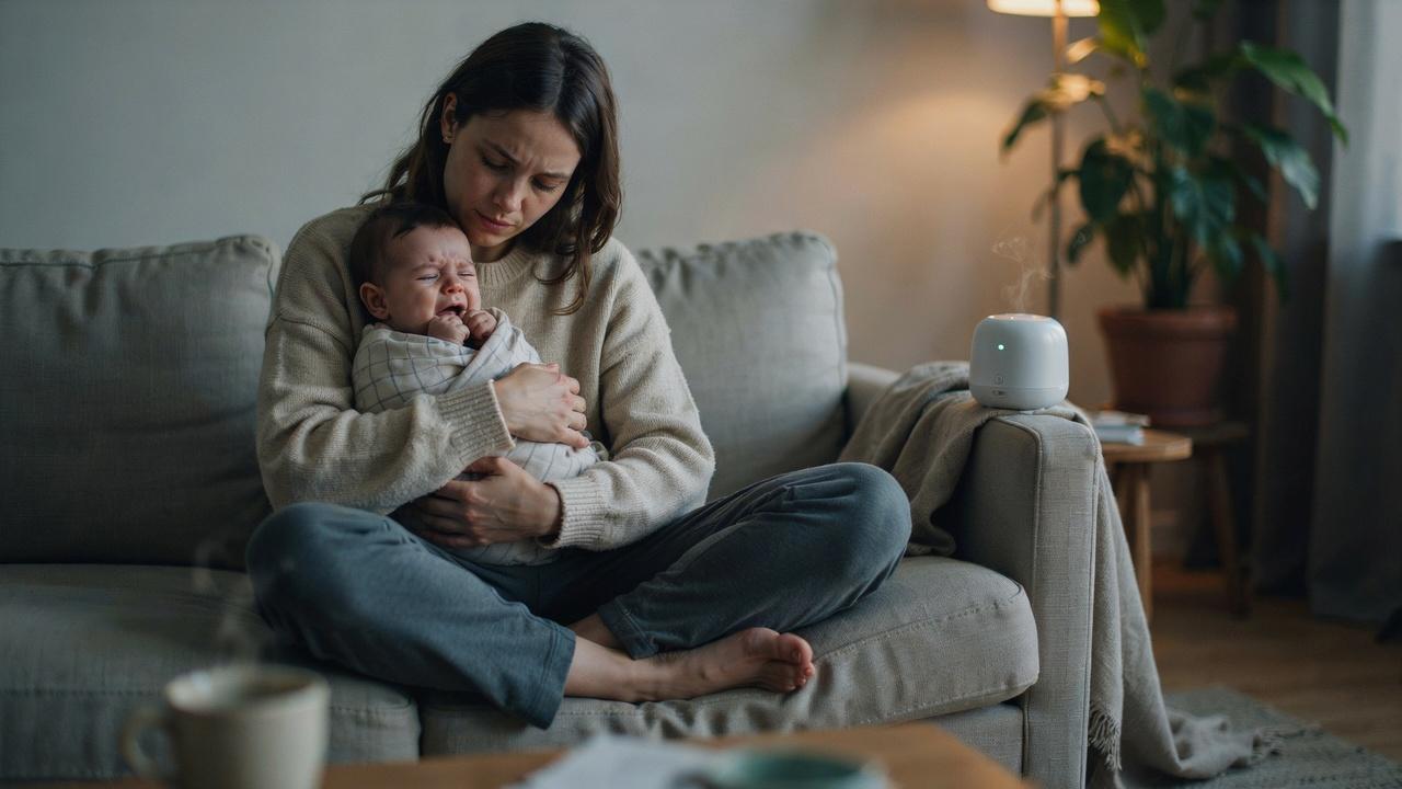Parent soothing a baby experiencing colic during the evening.