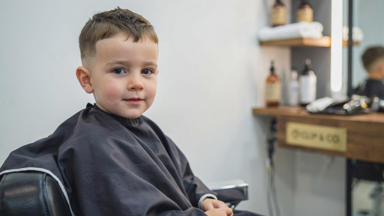 Toddler boy with temple fade hairstyle.