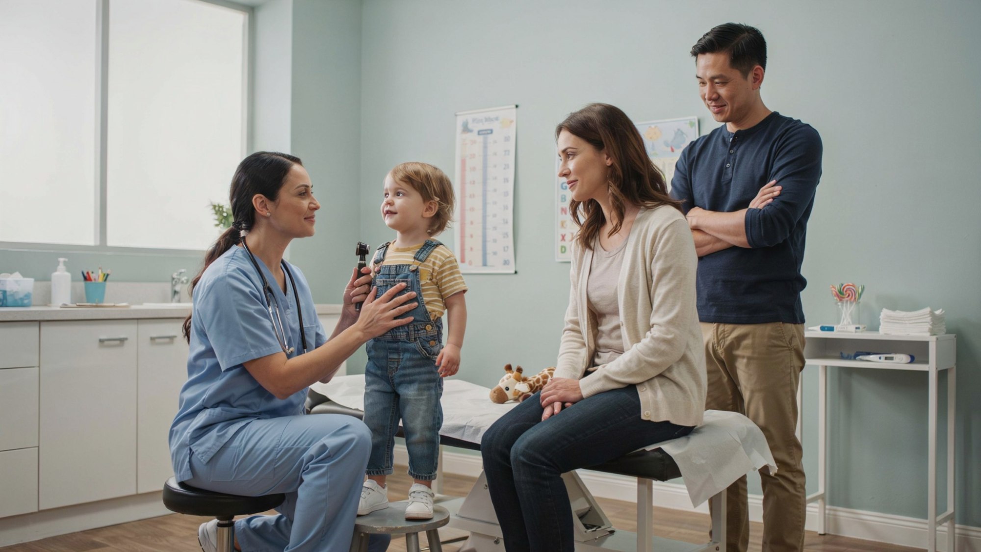 Pediatrician evaluating a toddler's walking development while reassuring parents during a routine developmental checkup in a welcoming pediatric clinic environment.