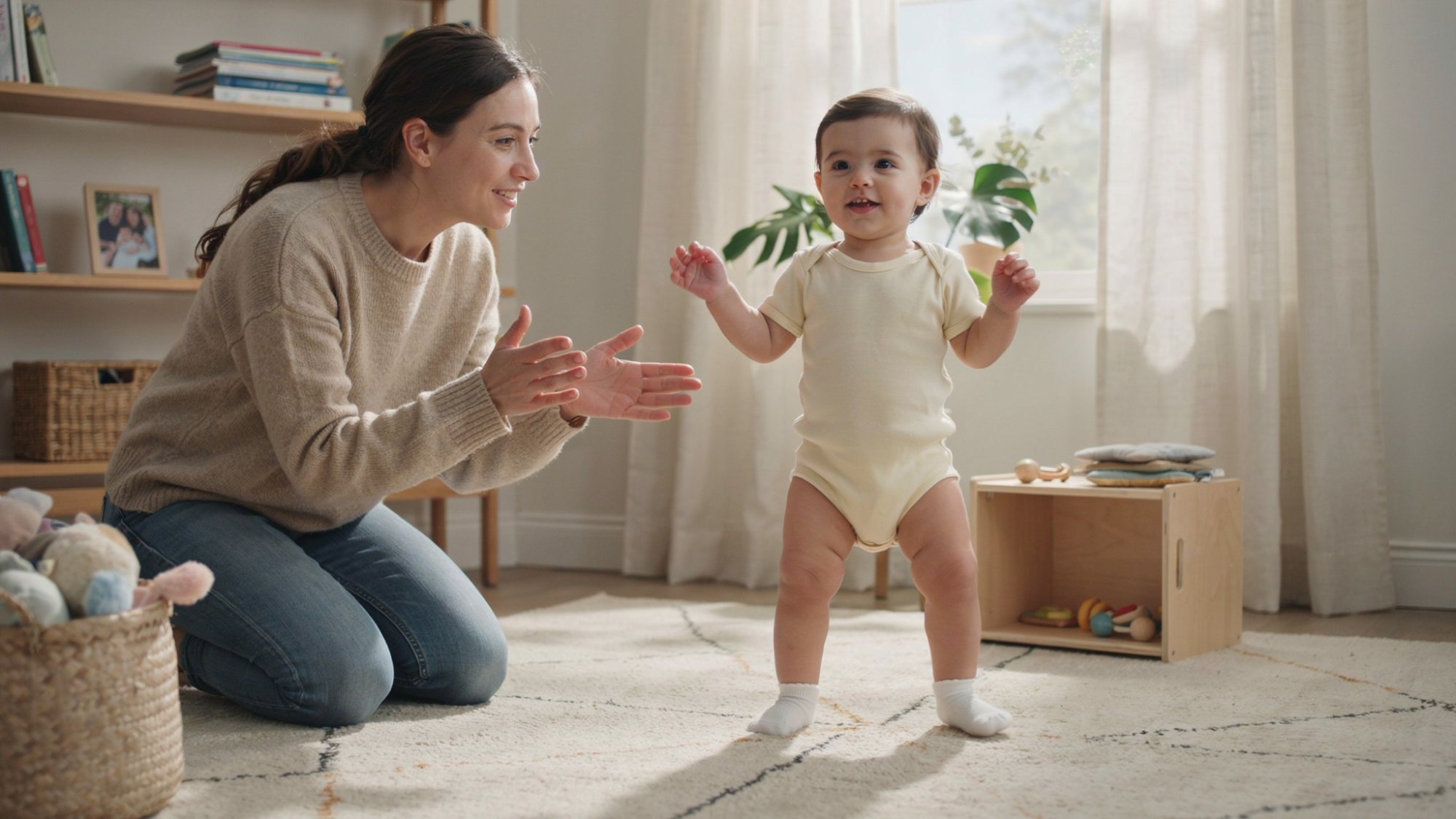 Baby standing independently while a parent watches nearby, showing typical early walking development, balance, and growing confidence during important milestones.