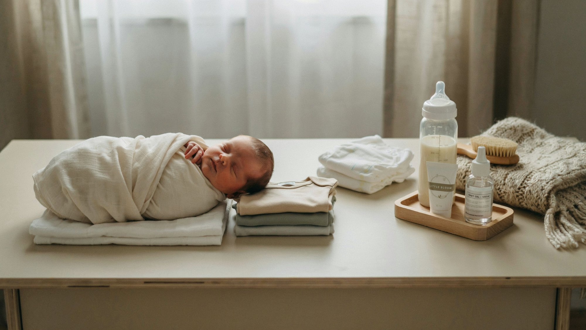 Simple newborn setup showing the basic items a baby needs in the first months.