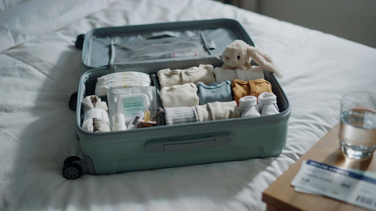 Packed baby clothes for travel.