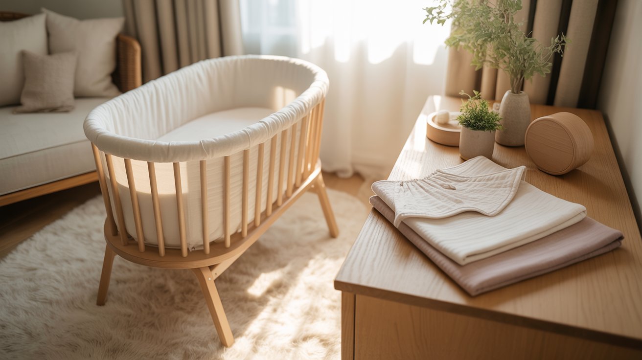 A cozy nursery with bassinet, fitted sheet, folded spare sheets, soft lighting, clean organized minimalist space.