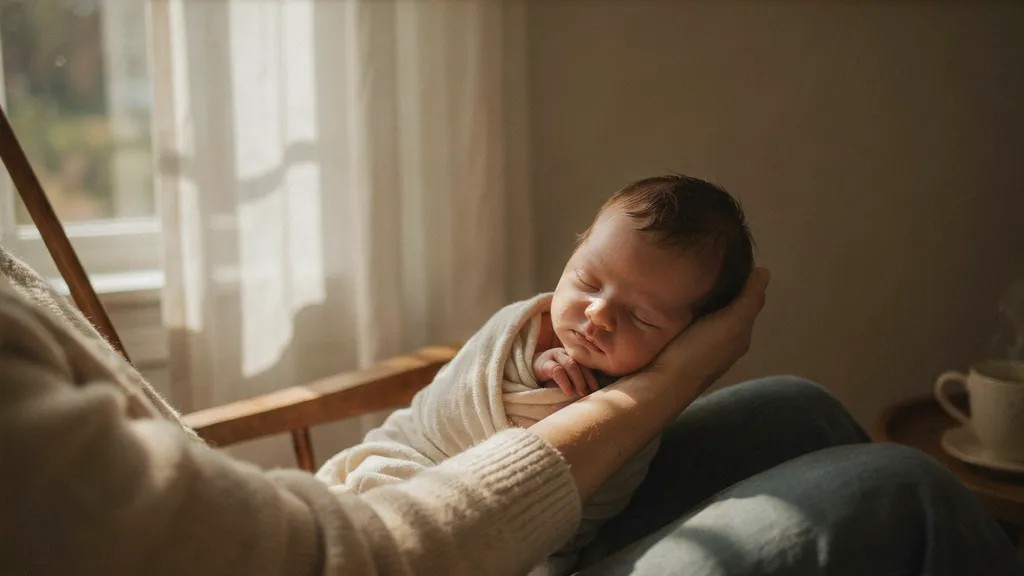Newborn sleeping comfortably in a cradle hold in parent’s arms.