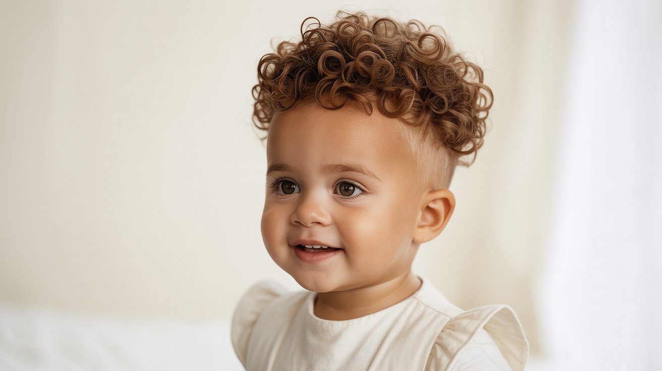 Toddler boy with curly top fade hairstyle.