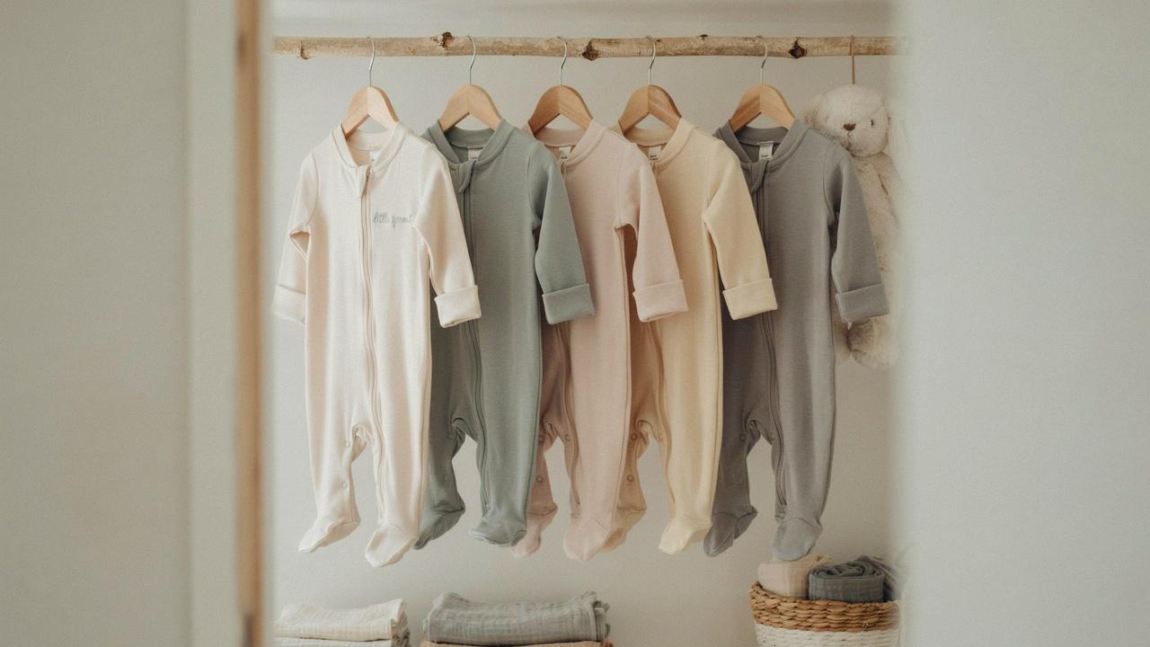Baby sleepers and footed pajamas hanging in a closet.