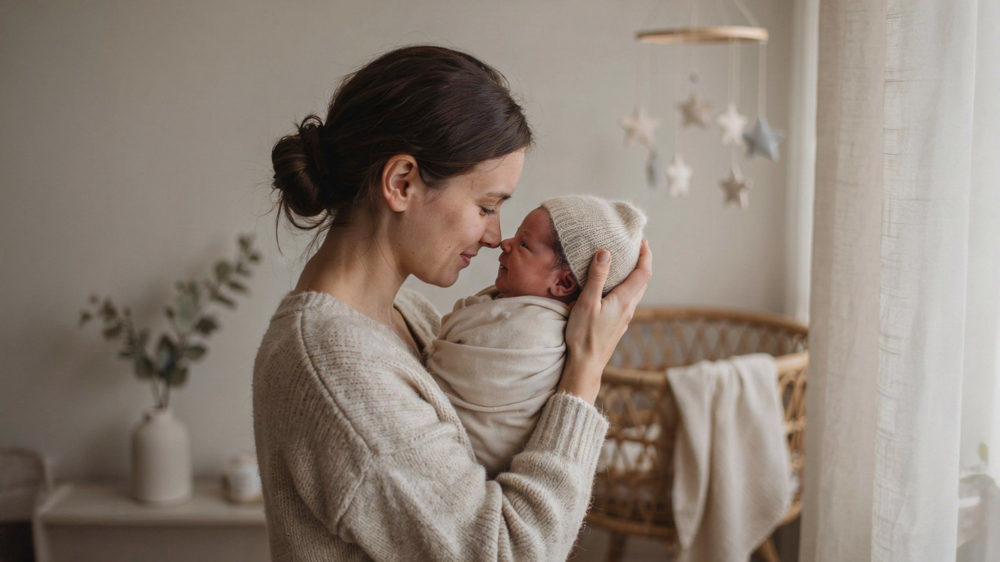 Parent and newborn making eye contact in a face-to-face hold.