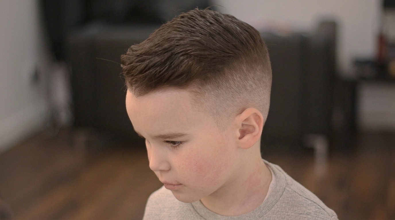 Toddler boy with a military haircut.