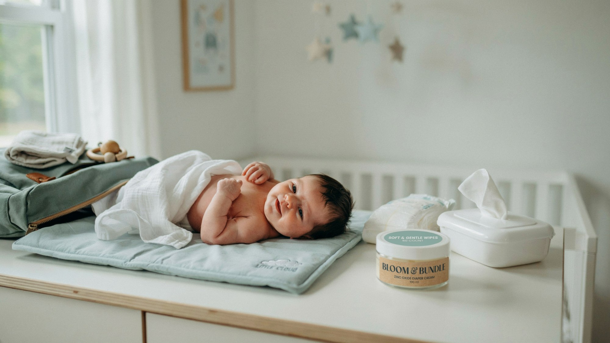 Newborn diapering essentials including diapers, wipes, changing mat, and rash cream.