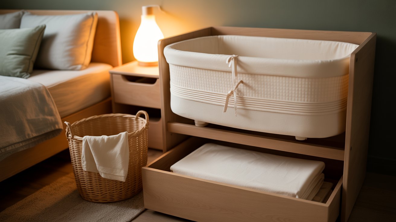 Cozy nursery with layered bassinet sheets, folded backup linens, laundry basket, warm lighting, organized nighttime setup.