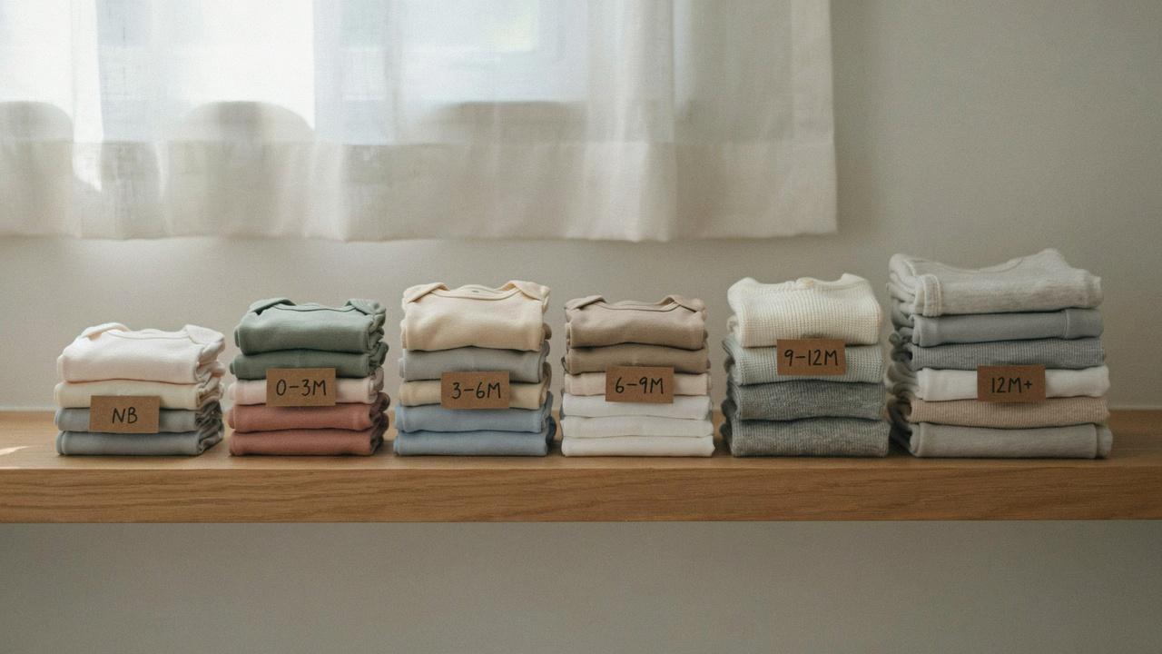 Baby clothes organized into different size groups.