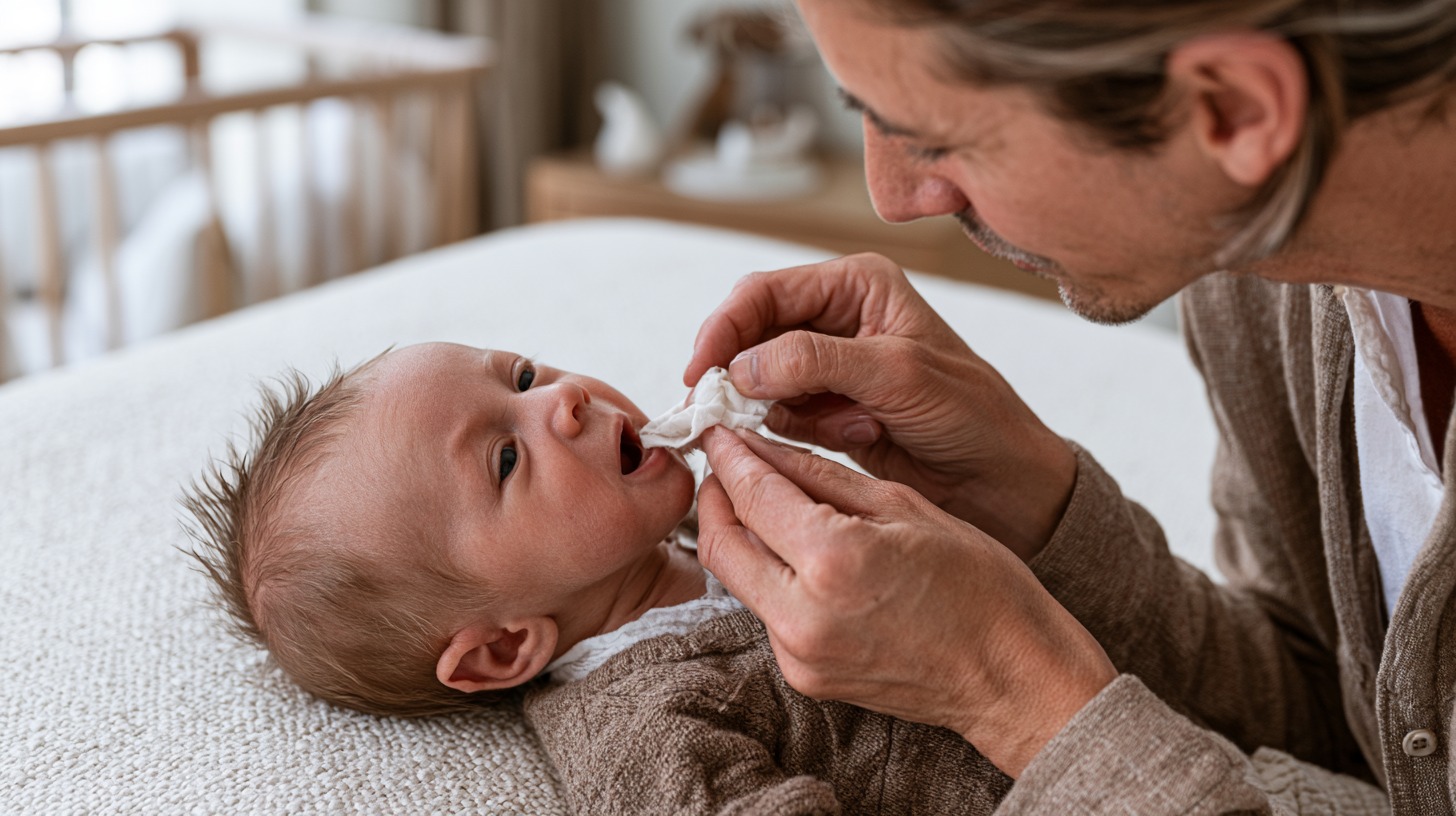 Parents gently clean a newborn's natal tooth.
