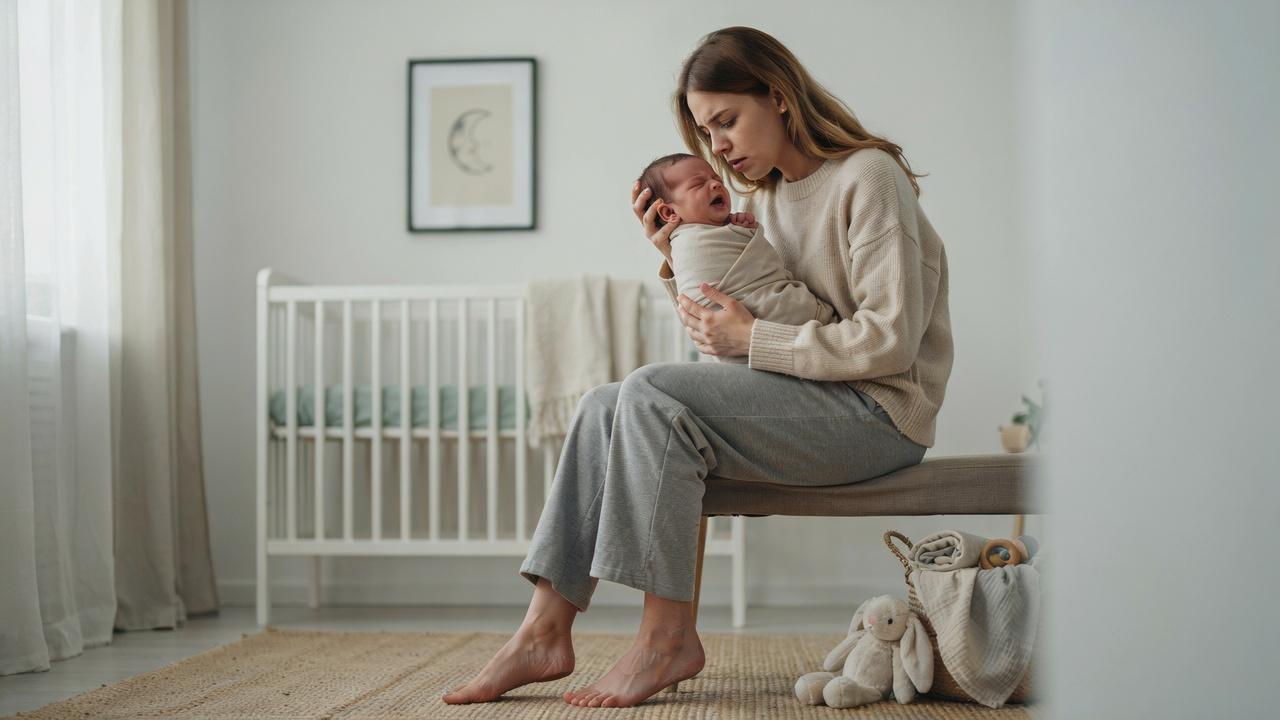 Parent comforting a crying newborn in a calm nursery at home.