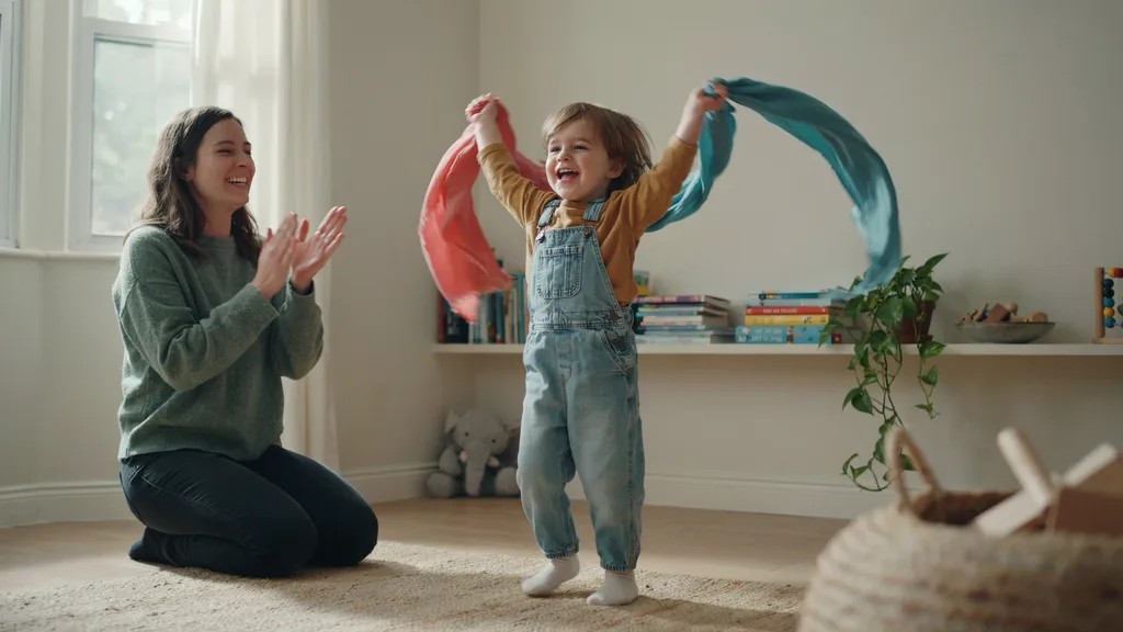 Toddler dancing with colorful scarves during movement play.