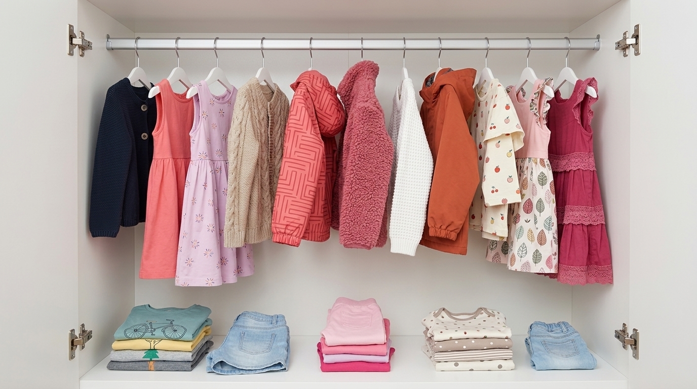 image showing different types of baby clothes in the wardrobe.