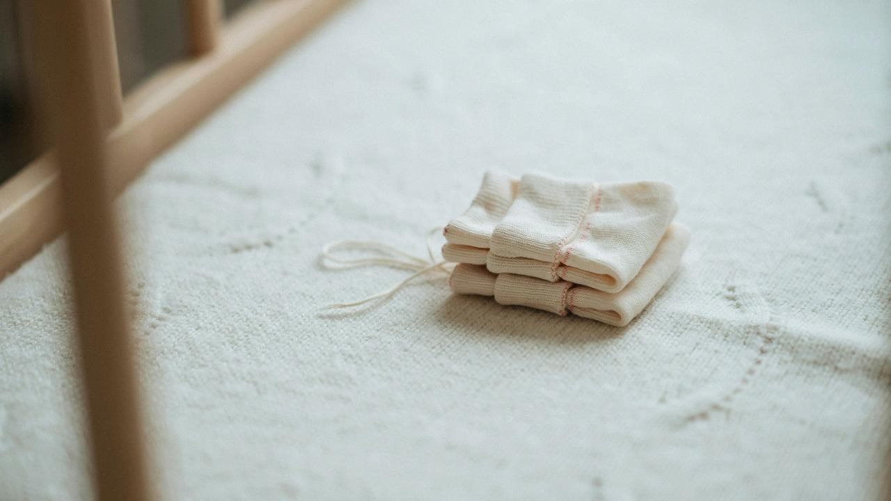 Folded baby socks paired together.
