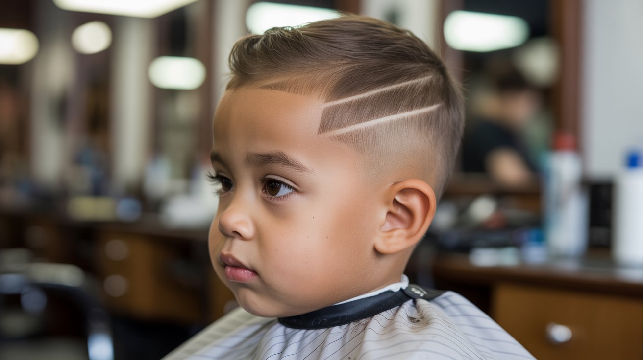 Toddler boy with fade haircut and hair design.