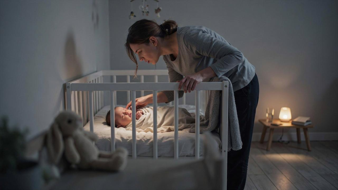 Parent checking sleeping baby with mouth slightly open, showing possible mouth breathing concern.