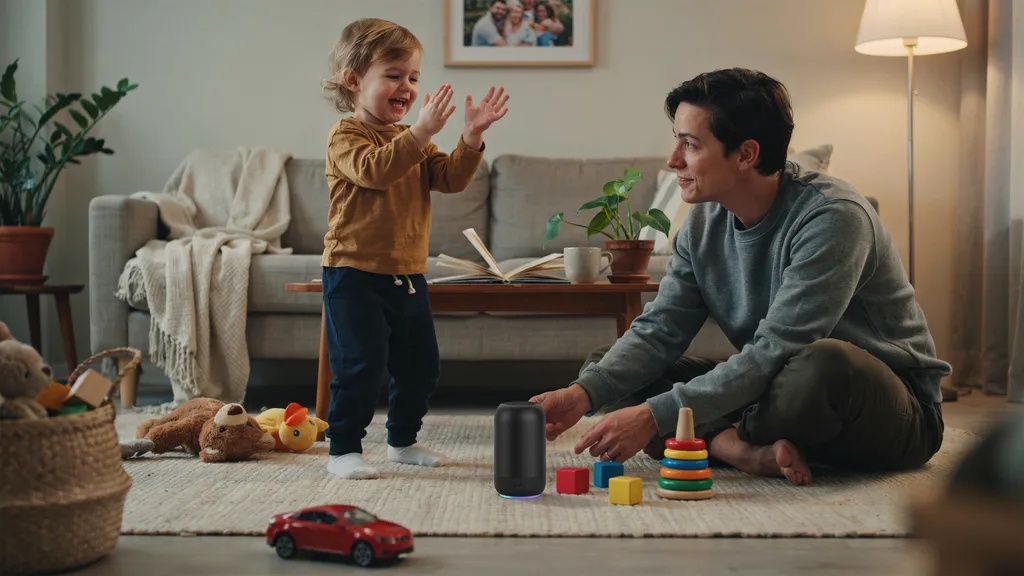 Toddler dancing and clapping during music playtime with parent.