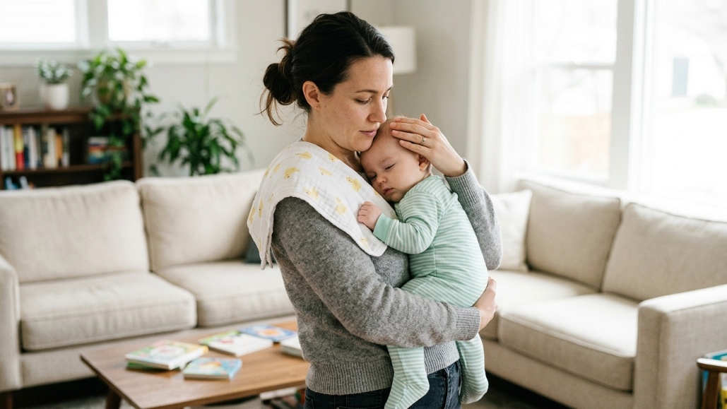Parent caring for a baby after vomiting during the teething stage.