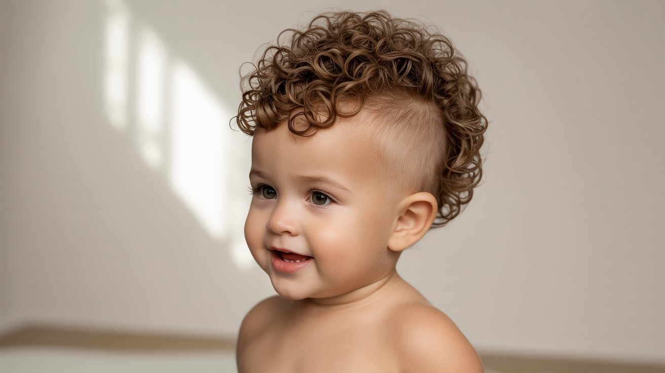 Toddler boy with curly undercut hairstyle.
