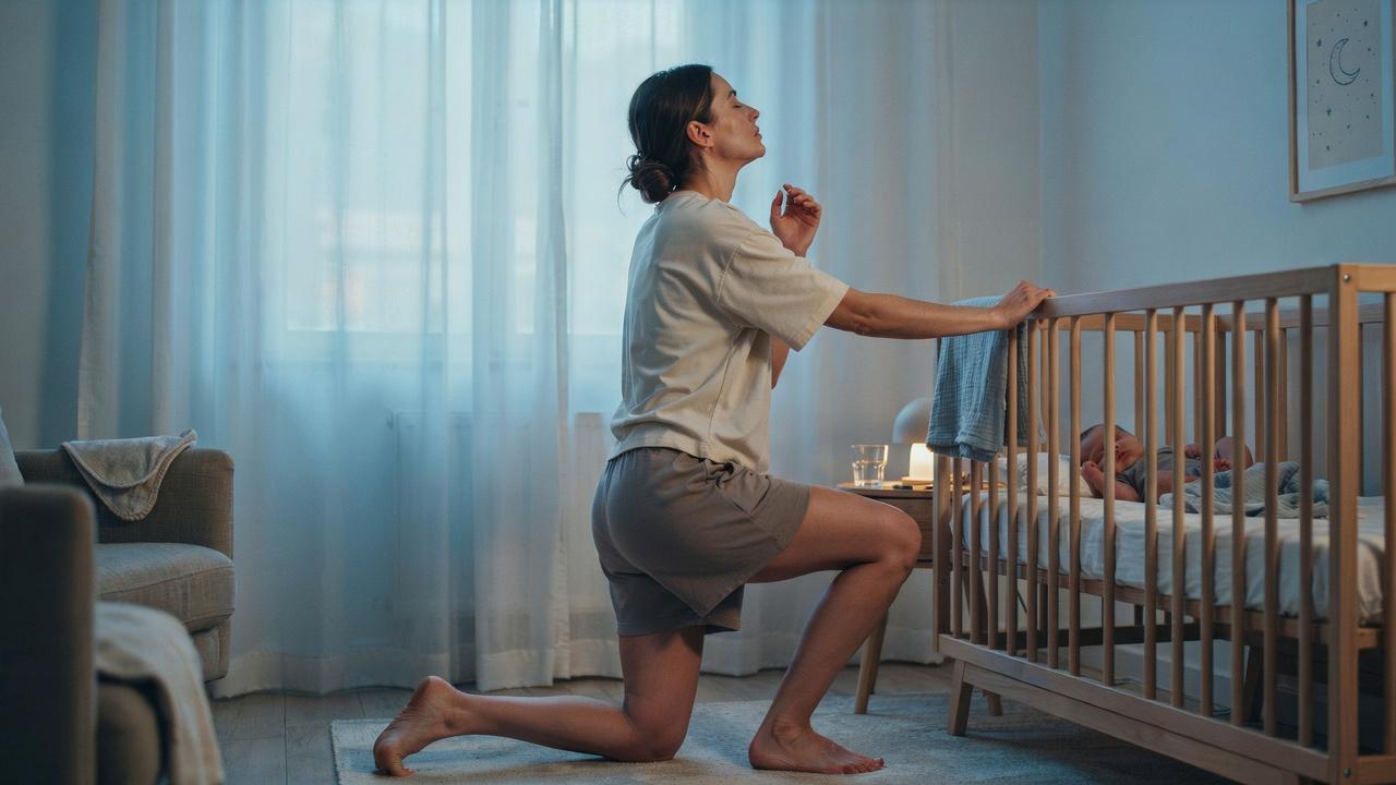 Parent safely placing a crying baby in a crib before taking a short break.