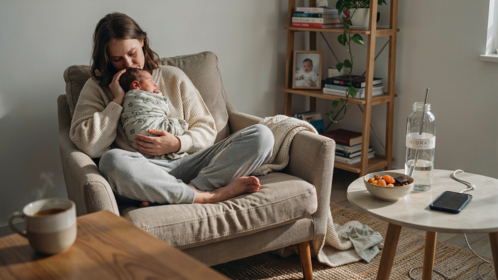 Parent creating a comfortable feeding space while caring for a newborn.