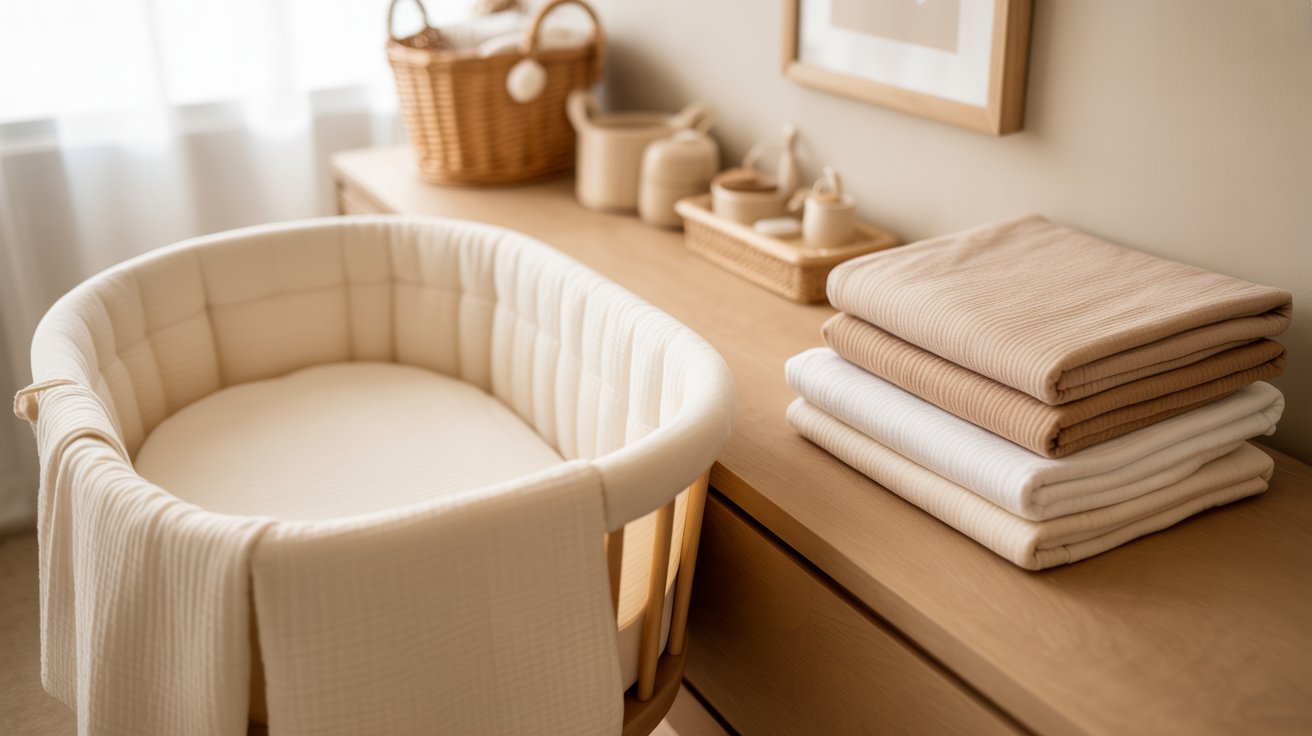A modern nursery with bassinet, fitted sheet, folded spare sheets, laundry basket, bright organized cozy space.