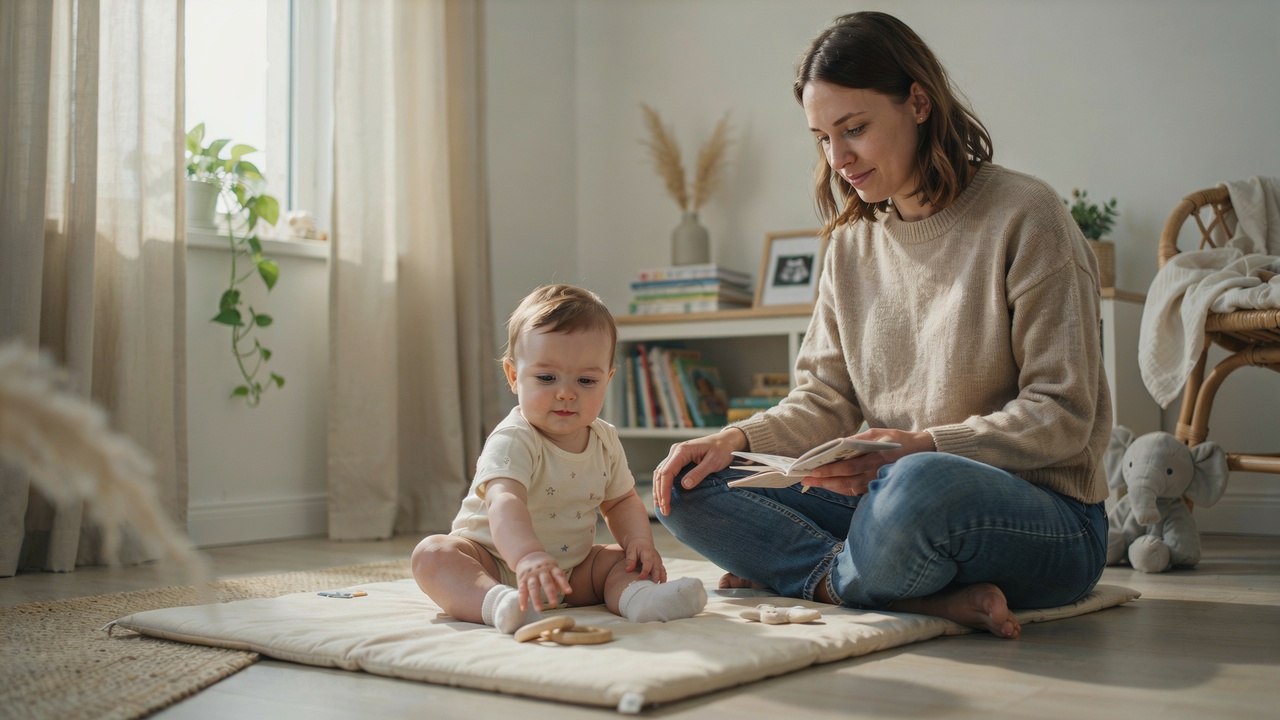 Healthy baby with mild red cheeks sitting happily in a cozy nursery.