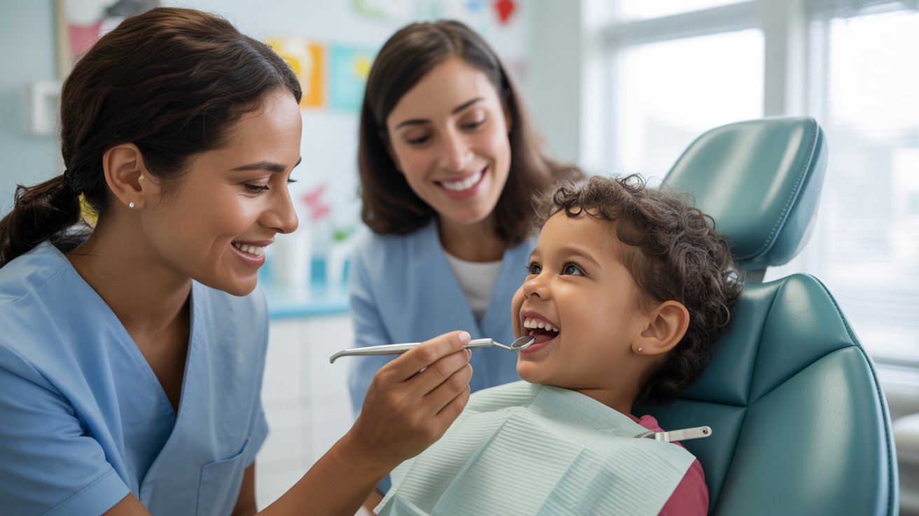Child having a routine dental checkup while a dentist examines newly erupting molars.