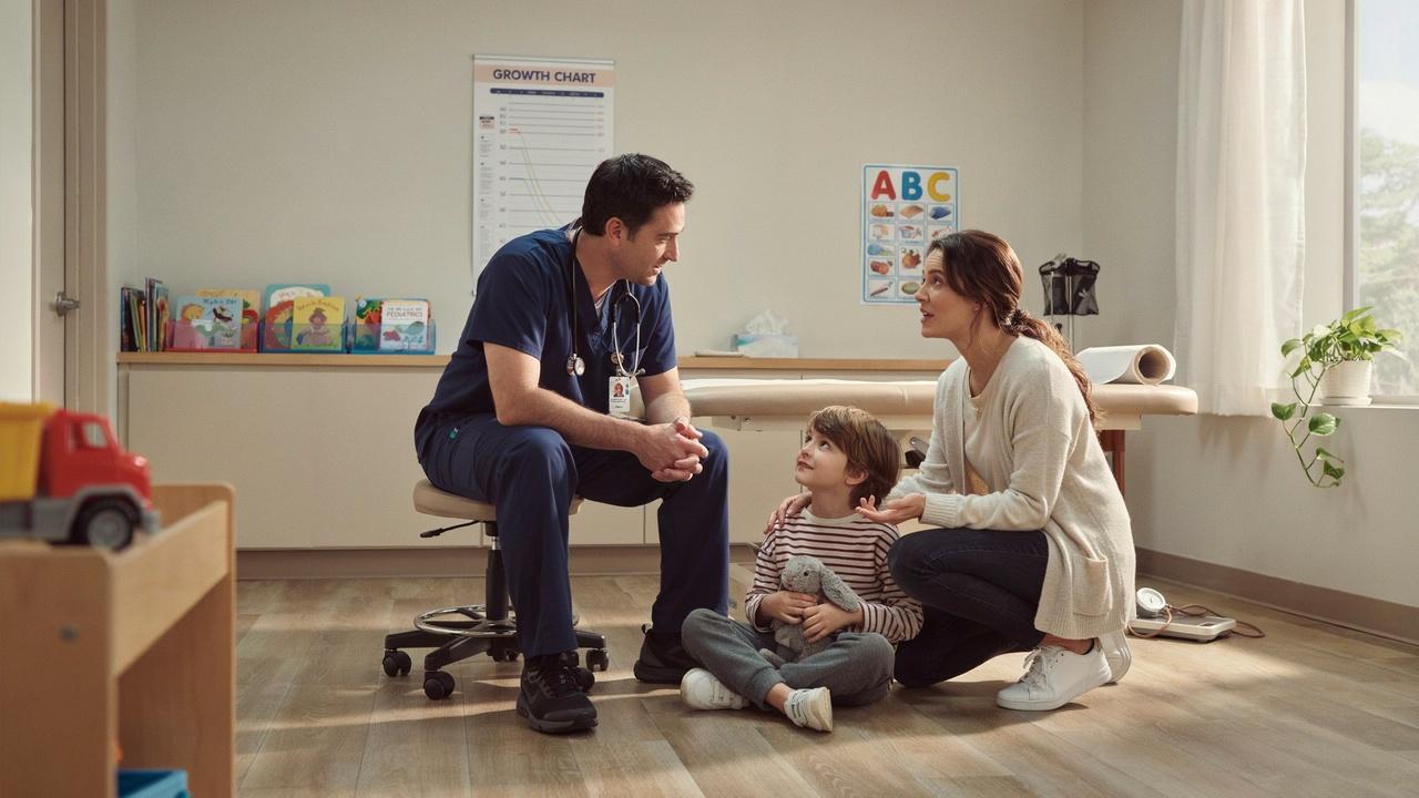 A parent speaking with a friendly pediatrician in a bright clinic while a young child sits nearby.